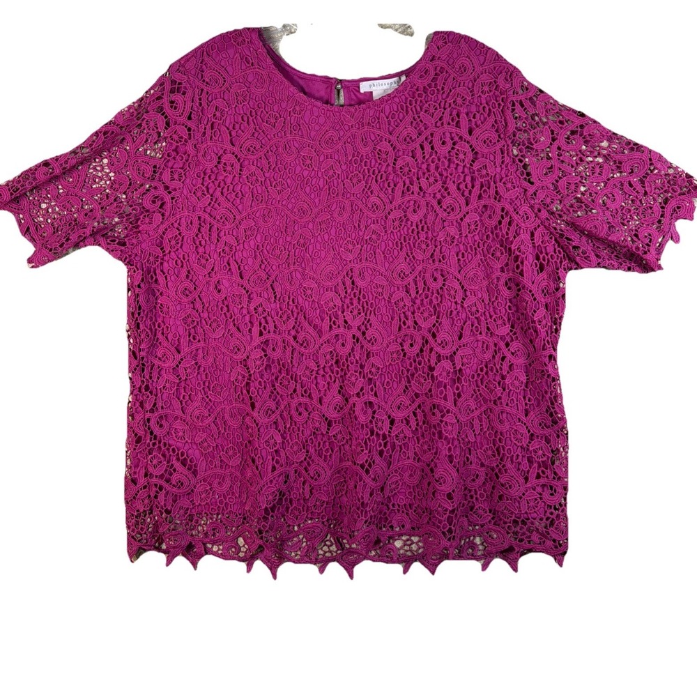 Philosophy Republic Clothing XXL Lace Top Magenta Cactus Flower Scalloped Hem